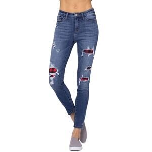Judy Blue Mid- Rise Buffalo Plaid Patch Skinny Jeans - Size 13/31